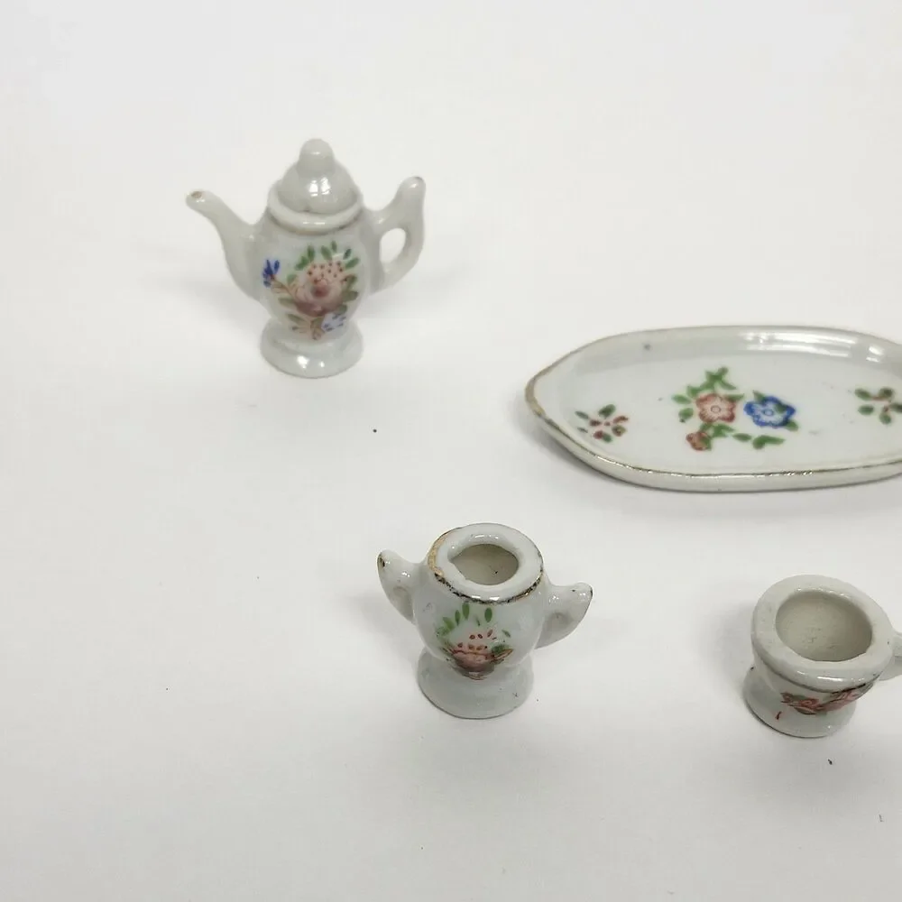 Vintage Dollhouse Miniature Tea Set Porcelain Floral Design 6 Pc Made in Japan